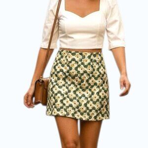 Altar’d State Floral Mini Skirt Green Mustard Vintage Style Size M